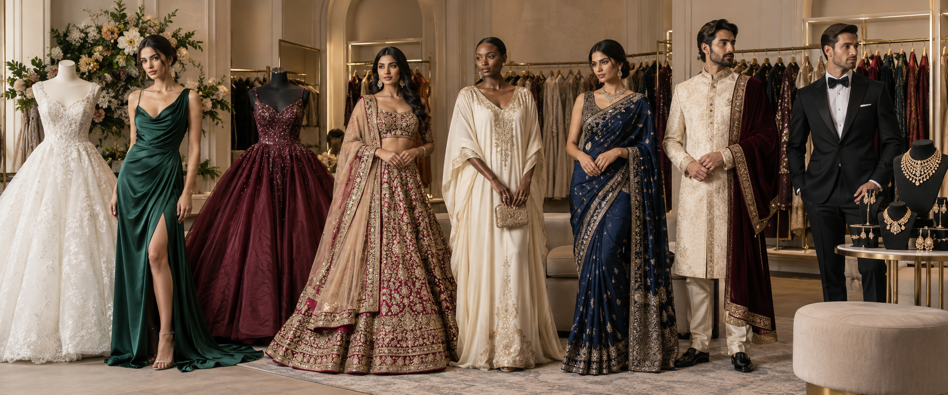 All occasion wear including wedding dresses, gowns, sherwani, sarees and jewellery